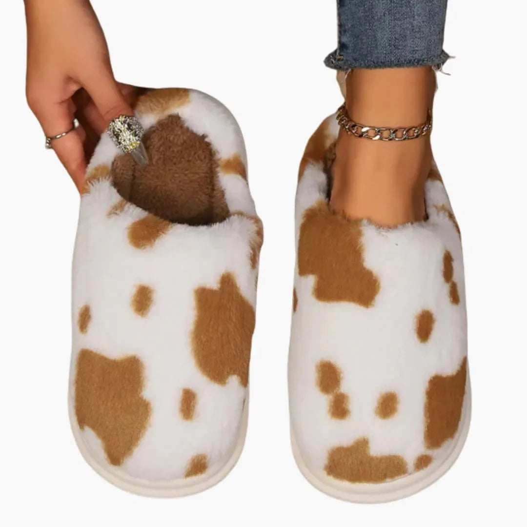 Women's Slippers with Cow Print and Plush Lining