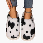 Women's Slippers with Cow Print and Plush Lining