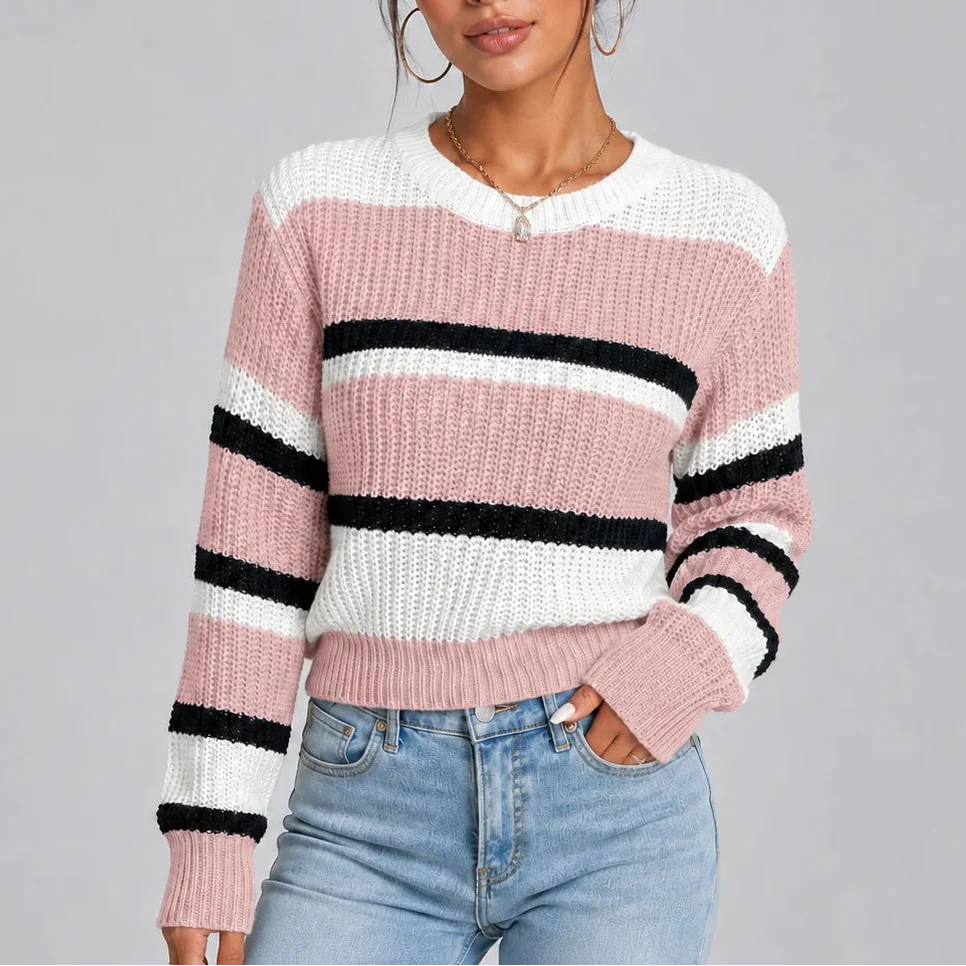 Women’s Striped Knitted Sweater – Casual Wear, Everyday Style