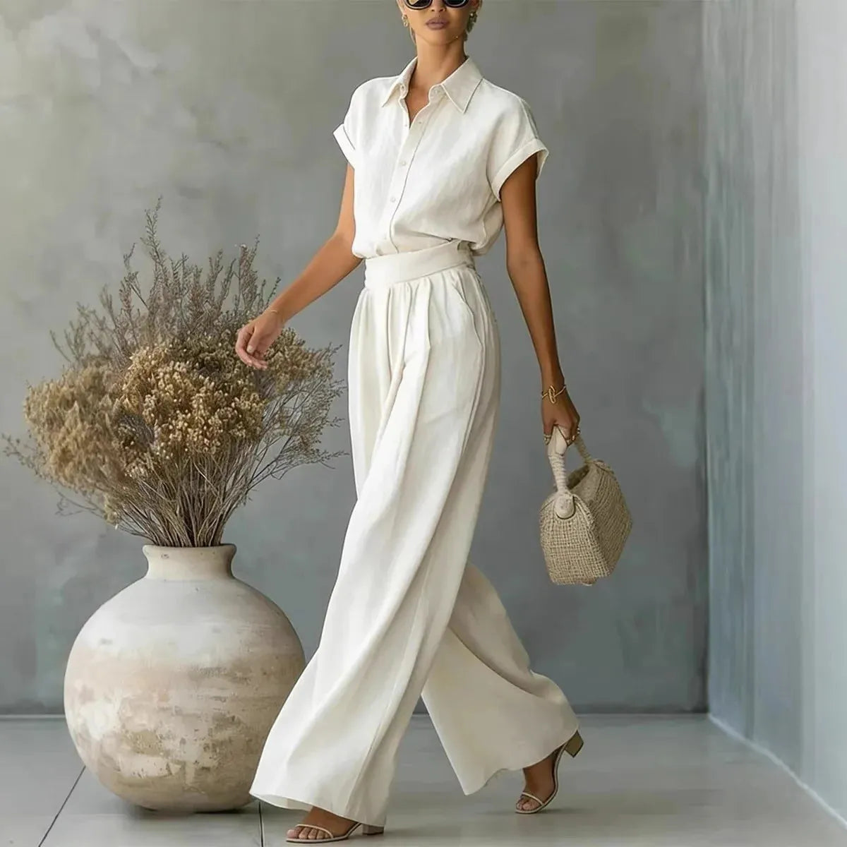 Women's Two-Piece Solid Color Pants Set - Casual Loose Fit Summer Outfit