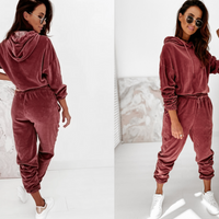Women's Velour Hoodie and Joggers Set with Drawstring – Casual, Everyday