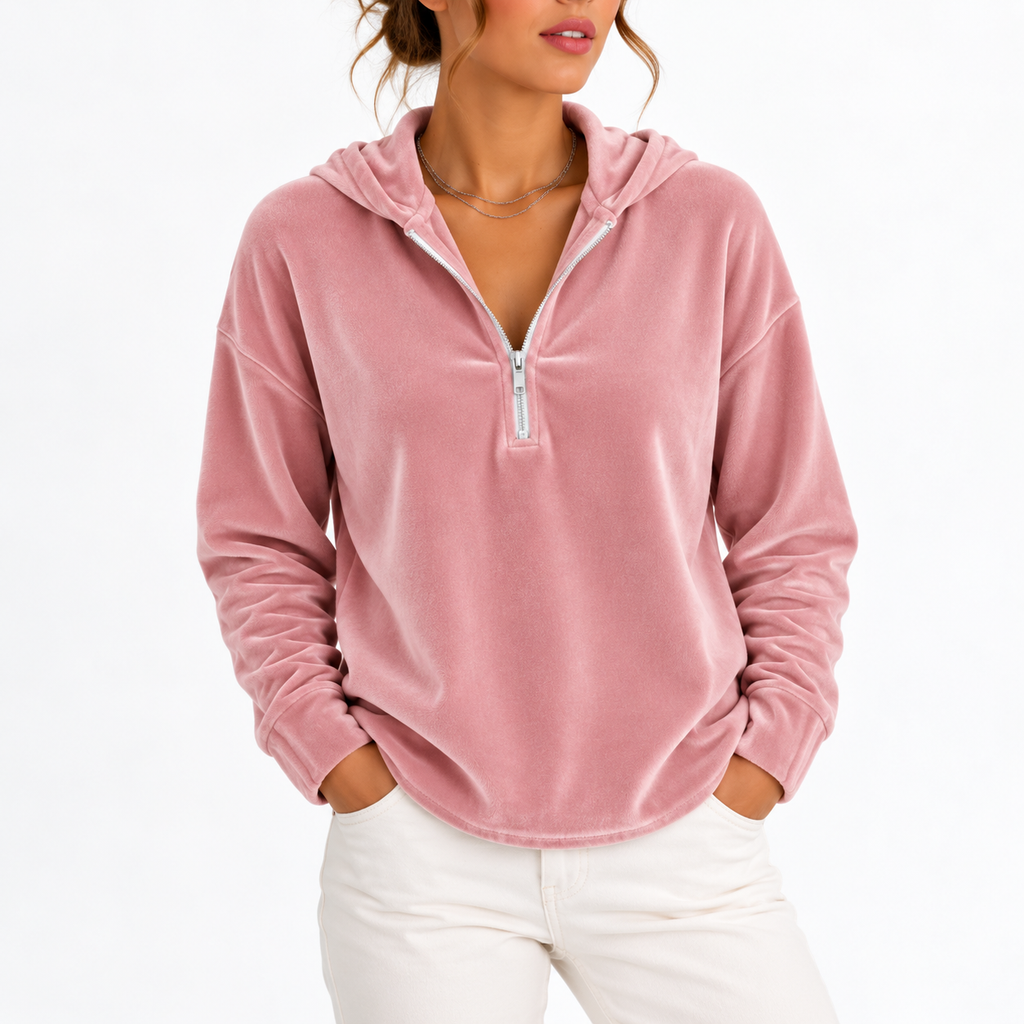 Women's Velvet Quarter-Zip Hoodie with Long Sleeves – Casual, Everyday Wear