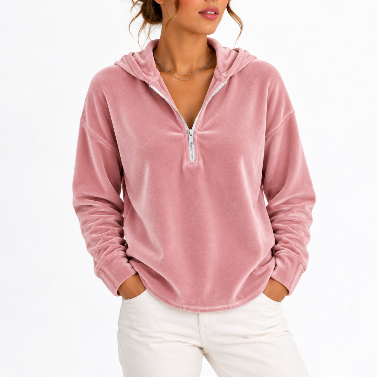 Women's Velvet Quarter-Zip Hoodie with Long Sleeves – Casual, Everyday Wear