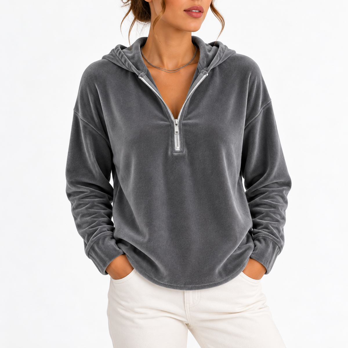 Women's Velvet Quarter-Zip Hoodie with Long Sleeves – Casual, Everyday Wear