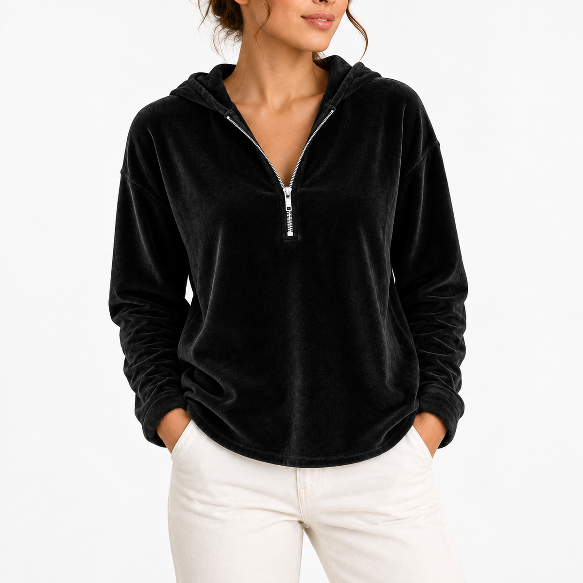 Women's Velvet Quarter-Zip Hoodie with Long Sleeves – Casual, Everyday Wear