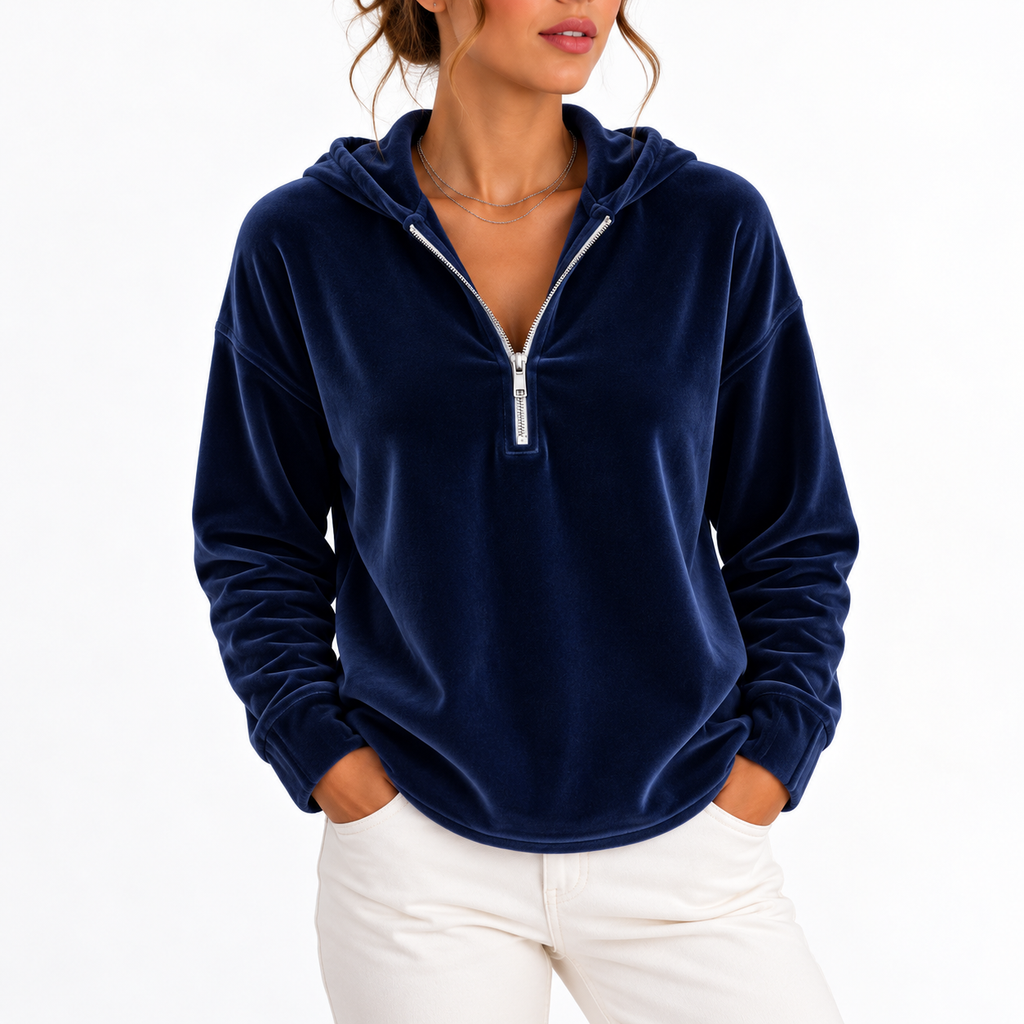 Women's Velvet Quarter-Zip Hoodie with Long Sleeves – Casual, Everyday Wear
