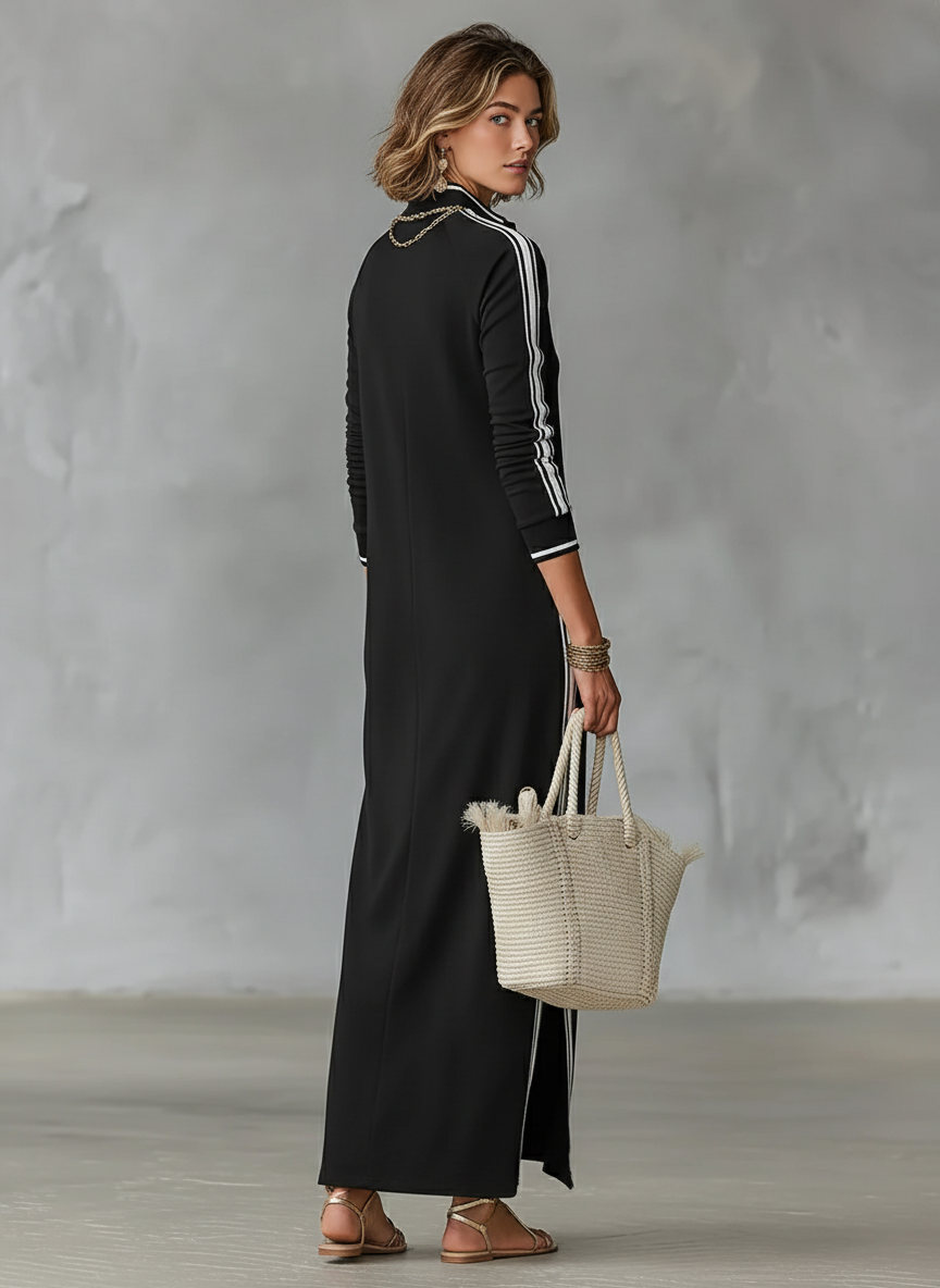 Women's White-Trimmed Button-Down Sweatshirt Maxi Dress for Casual Wear