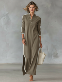 Women's White-Trimmed Button-Down Sweatshirt Maxi Dress for Casual Wear