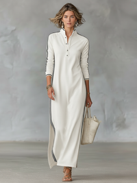 Women's White-Trimmed Button-Down Sweatshirt Maxi Dress for Casual Wear
