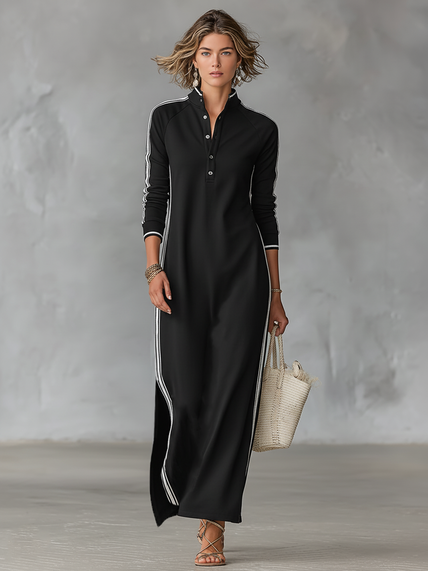 Women's White-Trimmed Button-Down Sweatshirt Maxi Dress for Casual Wear