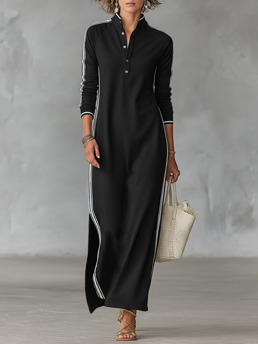 Women's White-Trimmed Button-Down Sweatshirt Maxi Dress for Casual Wear