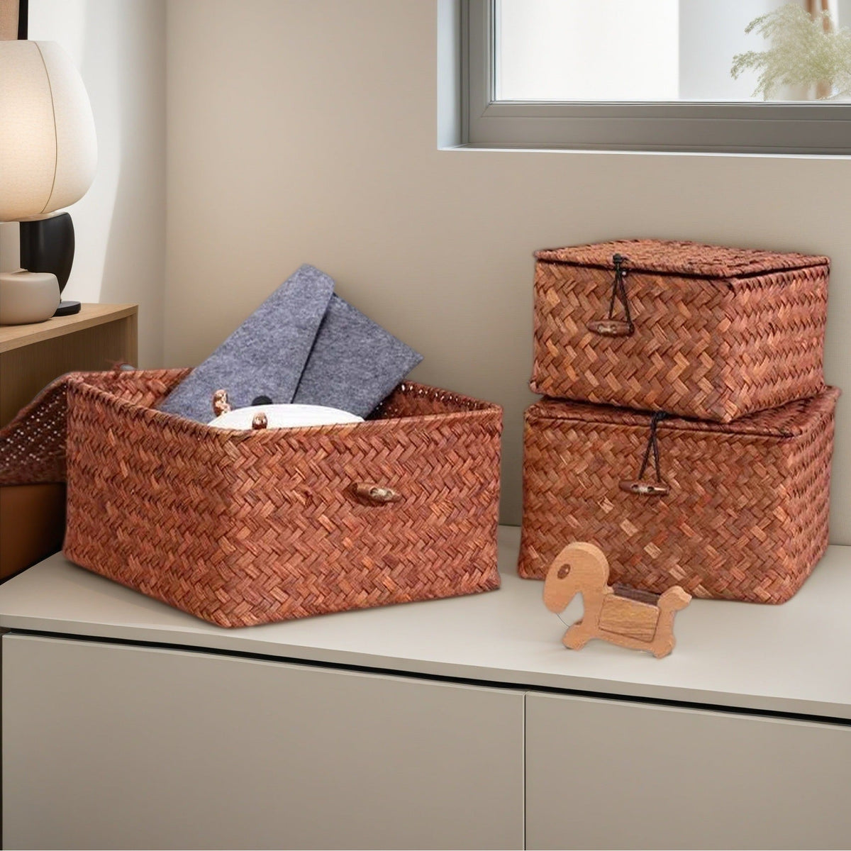 Women's Woven Storage Basket, Rattan Design with Lid – Laundry, Home Organization