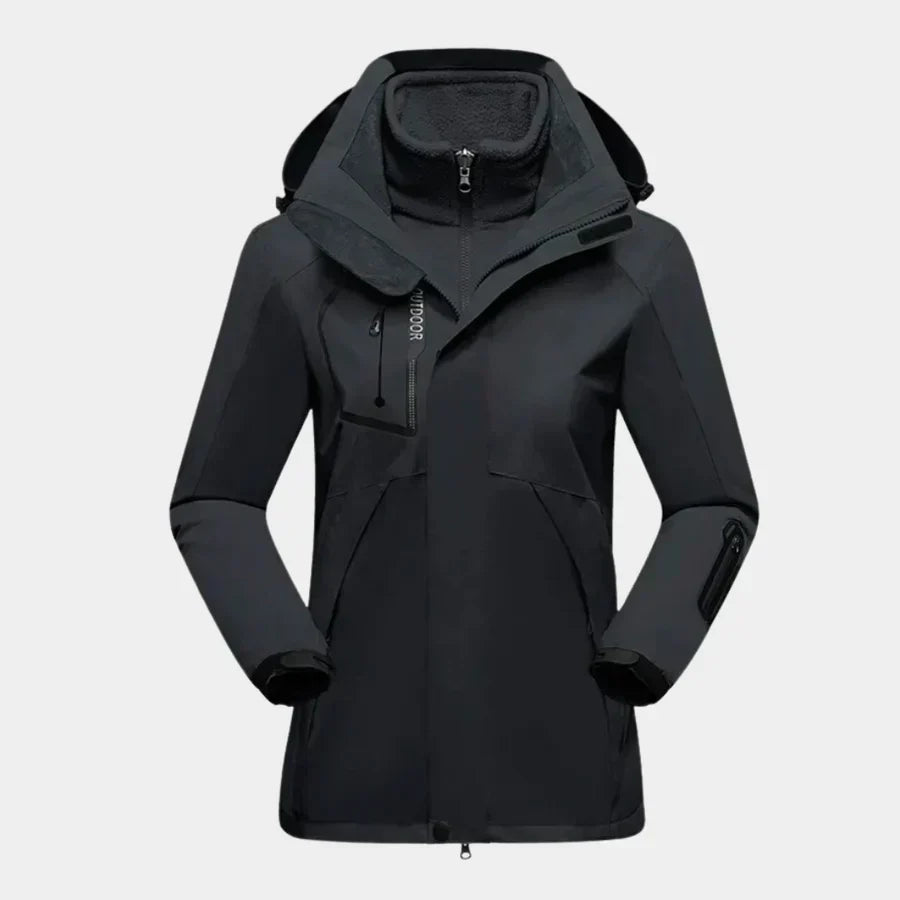 3-in-1 Ski Jacket Women's Hooded Black Waterproof Fleece – Winter Sports, Outdoor Activities