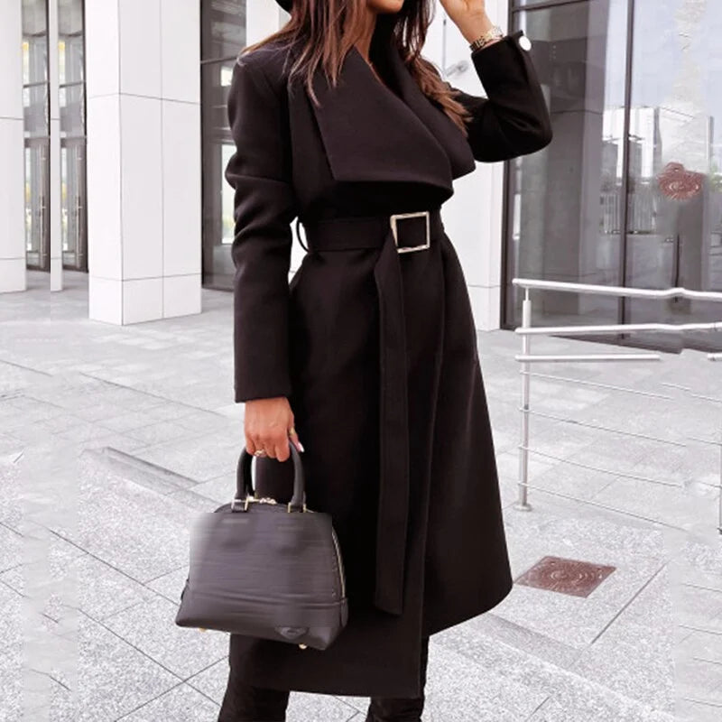 Belted Midi Coat Women's Wide Lapel Long Winter Jacket – Office, Casual