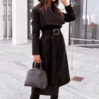 Belted Midi Coat Women's Wide Lapel Long Winter Jacket – Office, Casual