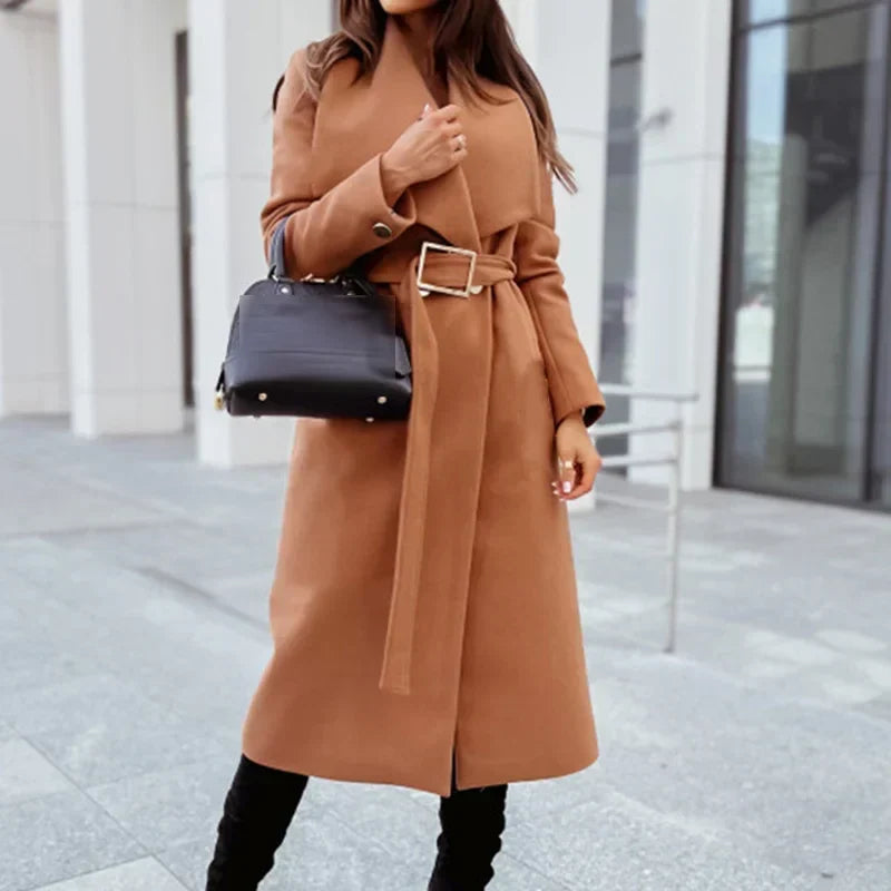 Belted Midi Coat Women's Wide Lapel Long Winter Jacket – Office, Casual