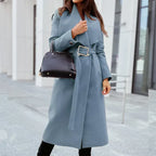 Belted Midi Coat Women's Wide Lapel Long Winter Jacket – Office, Casual