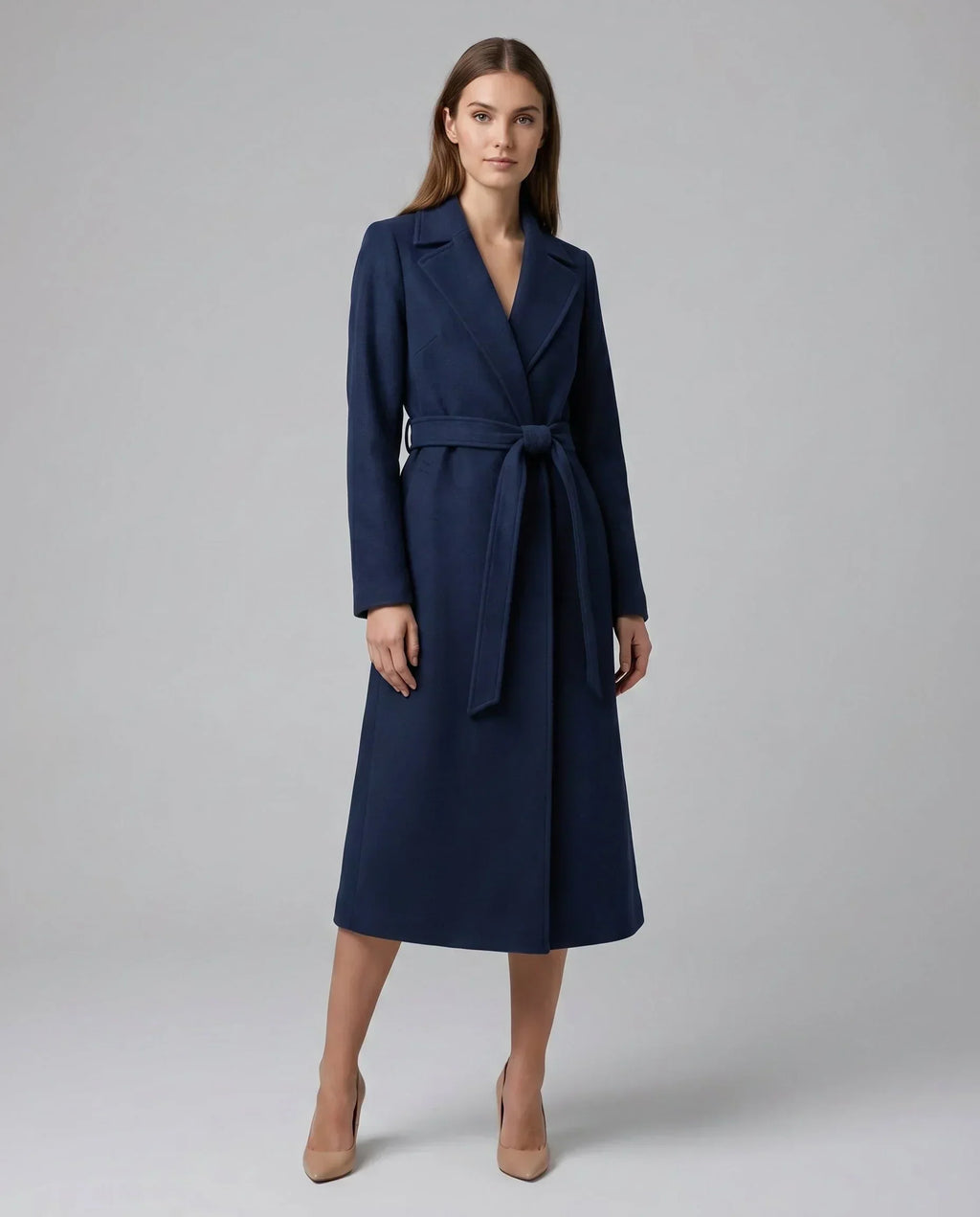 Belted Trench Coat Women's Navy Notch Lapel Long – Office, Casual
