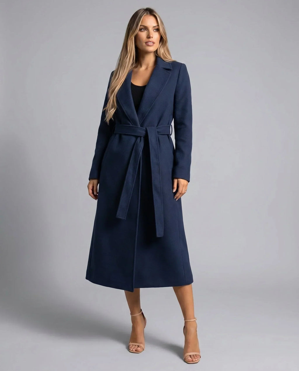 Belted Trench Coat Women's Navy Notch Lapel Long – Office, Casual