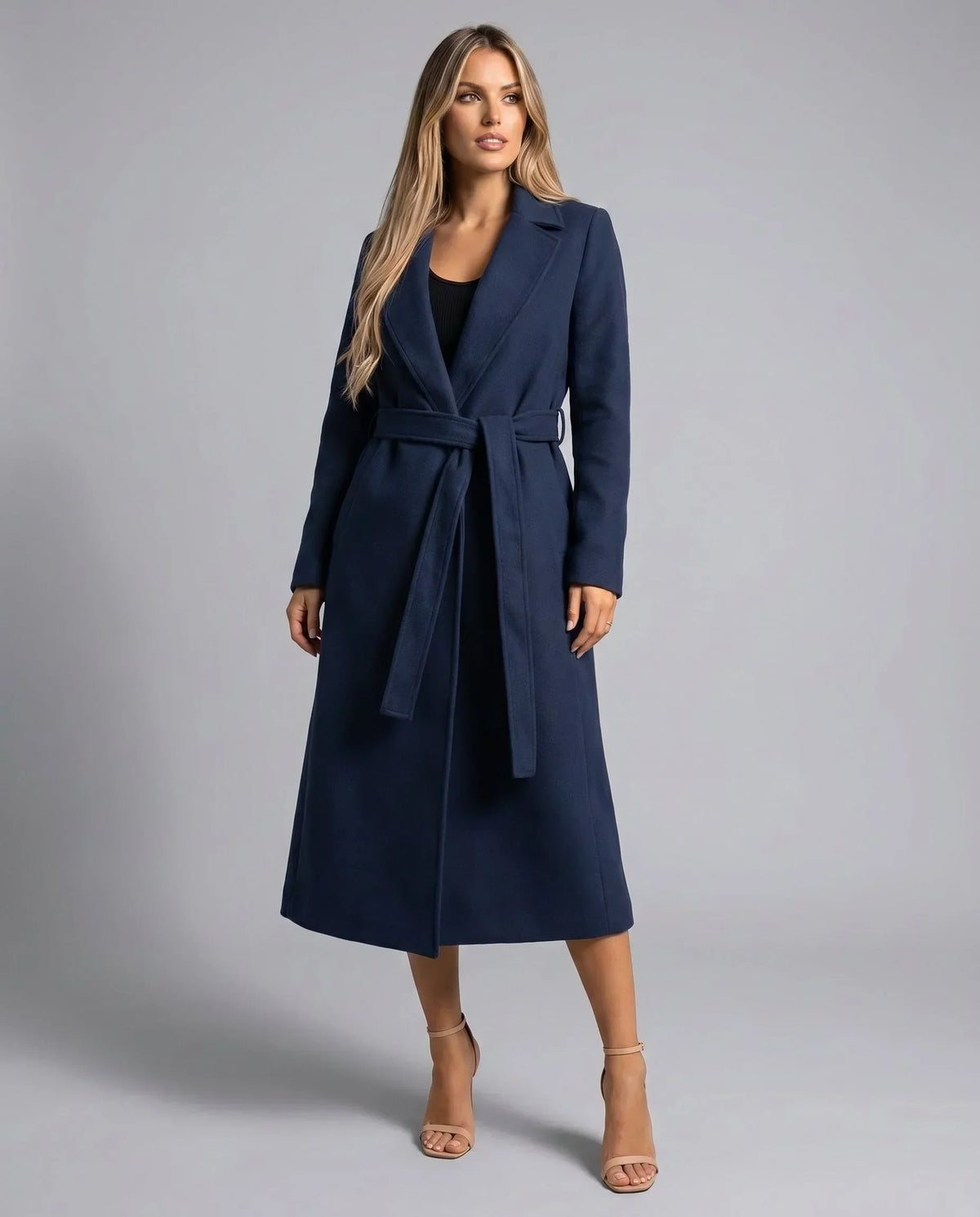 Belted Trench Coat Women's Navy Notch Lapel Long – Office, Casual