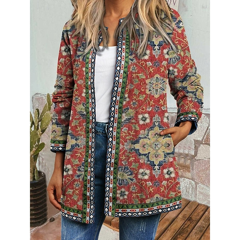 Boho Open-Front Jacket Women's Ethnic Print Long Sleeve – Casual Layering, Gift