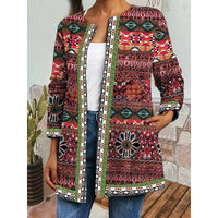 Boho Open-Front Jacket Women's Ethnic Print Long Sleeve – Casual Layering, Gift