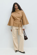 Cape Coat Belted Cream High Neck Women's – Casual, Office