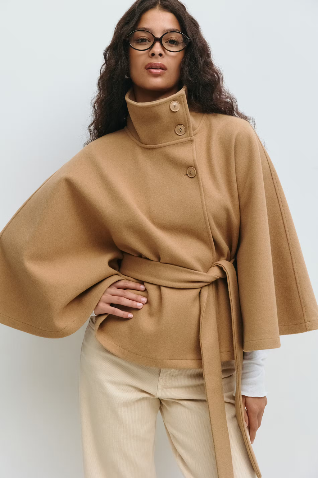 Cape Coat Belted Cream High Neck Women's – Casual, Office