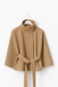 Cape Coat Belted Cream High Neck Women's – Casual, Office