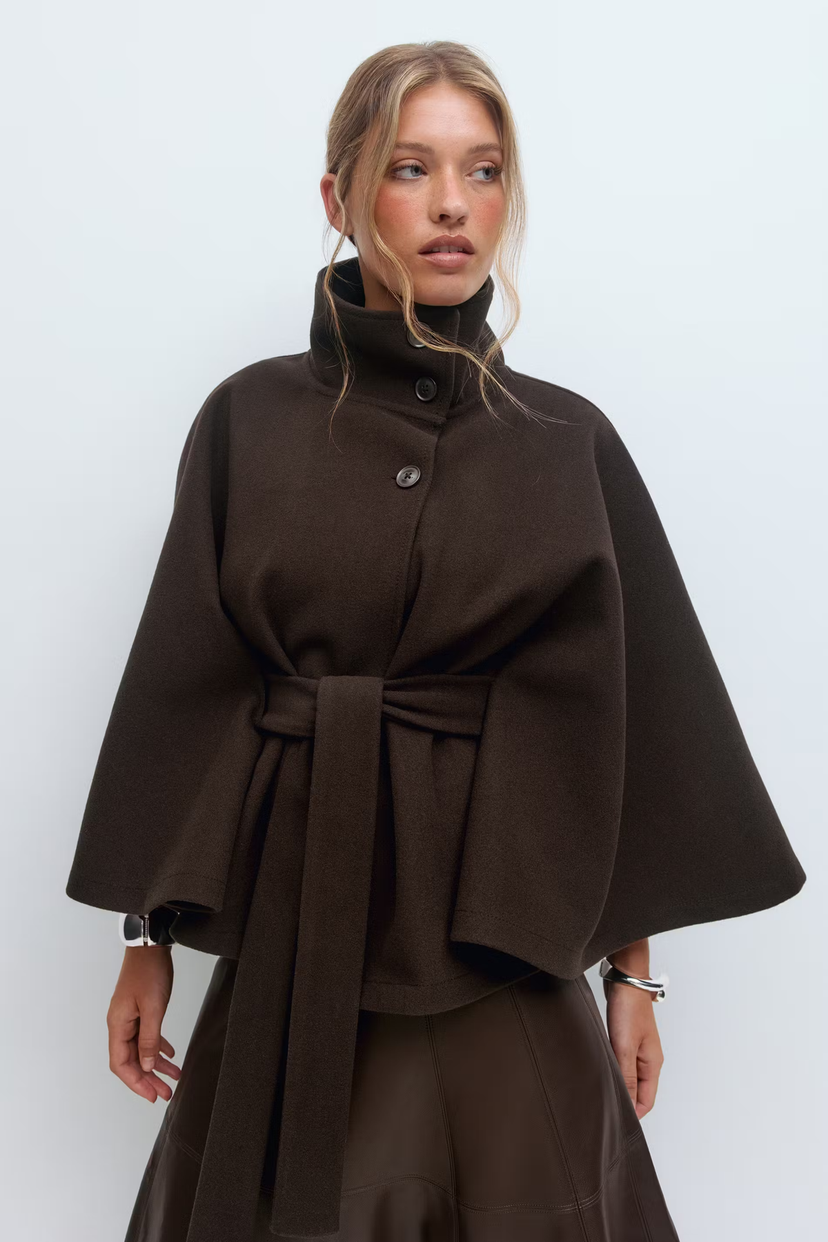 Cape Coat Belted Cream High Neck Women's – Casual, Office