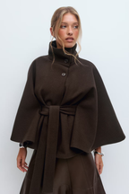 Cape Coat Belted Cream High Neck Women's – Casual, Office
