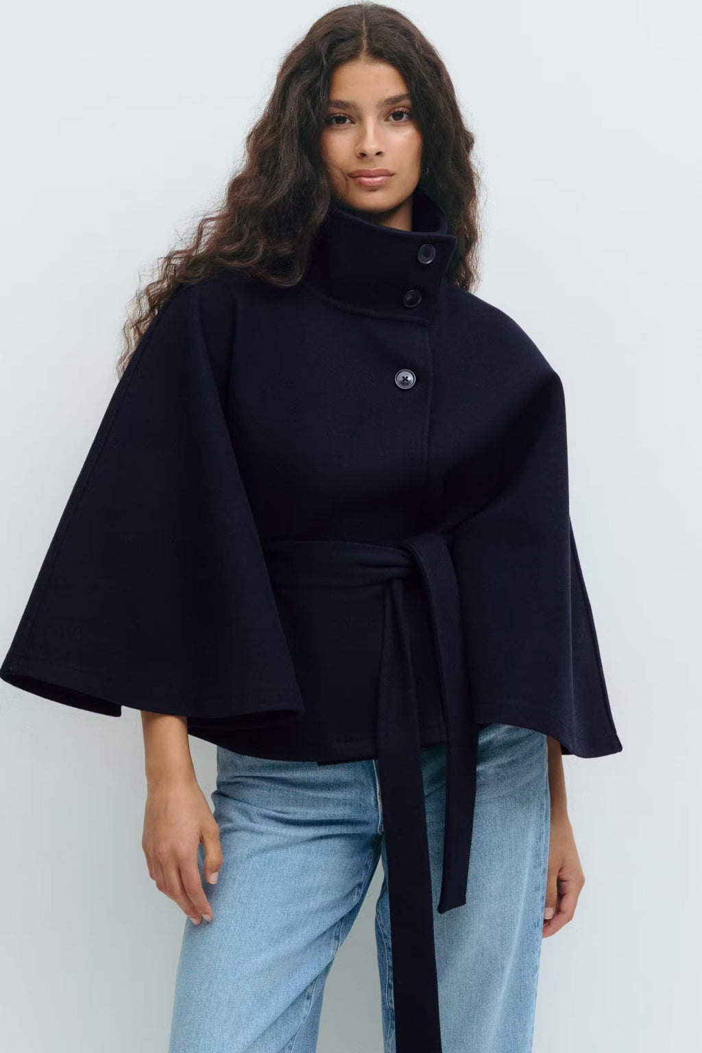 Cape Coat Belted Cream High Neck Women's – Casual, Office