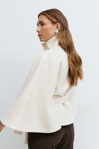 Cape Coat Belted Cream High Neck Women's – Casual, Office