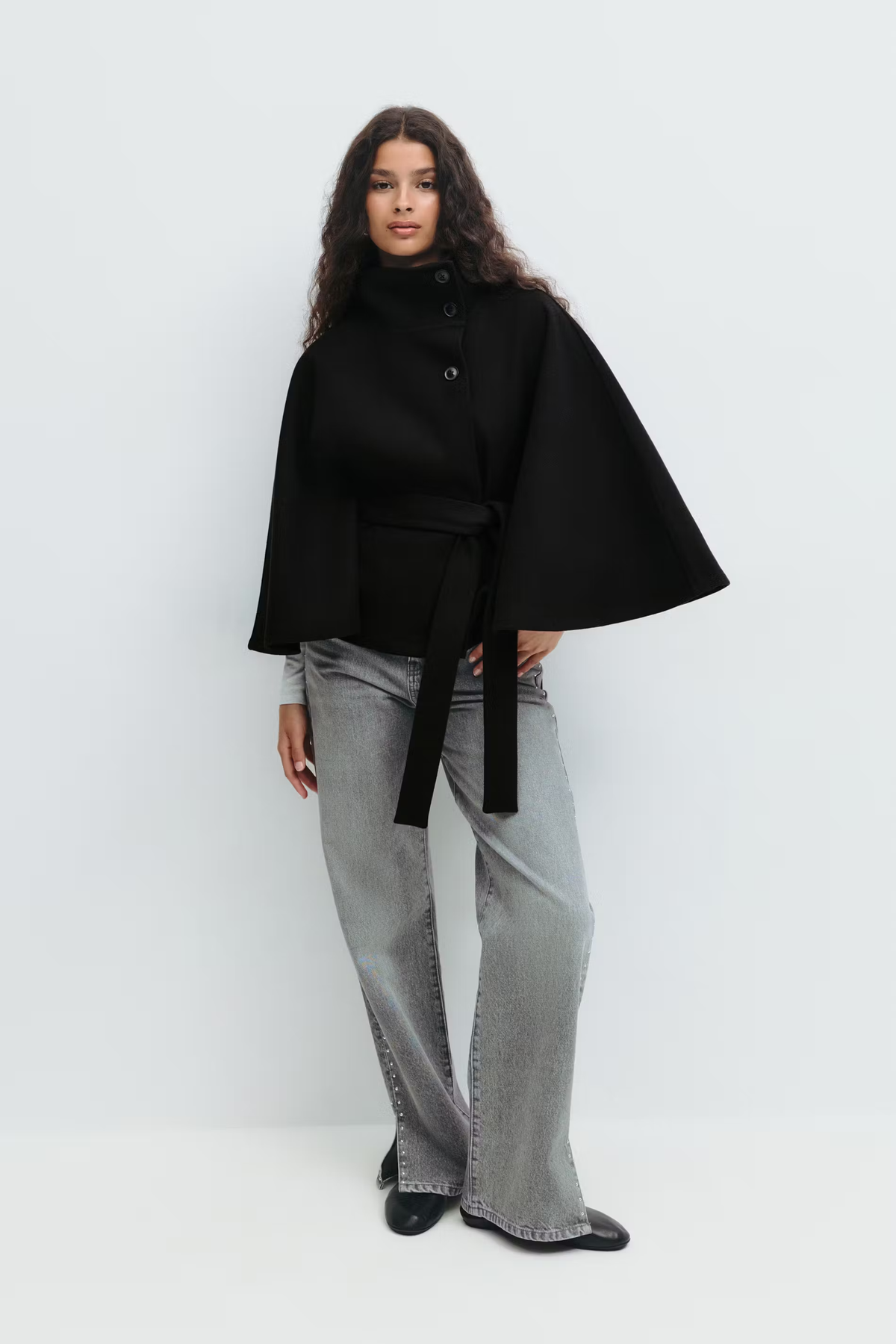 Cape Coat Belted Cream High Neck Women's – Casual, Office