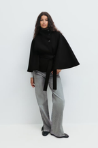Cape Coat Belted Cream High Neck Women's – Casual, Office