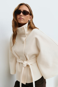 Cape Coat Belted Cream High Neck Women's – Casual, Office