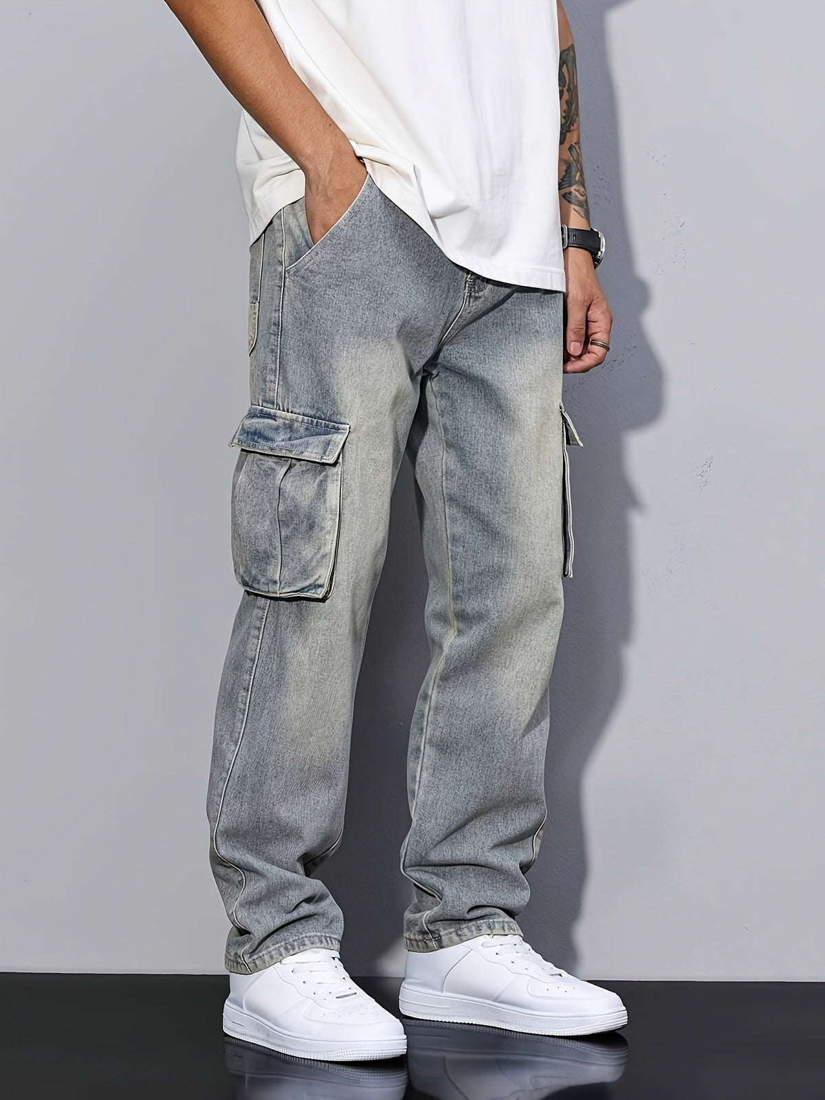 Cargo Jeans Men's Relaxed Fit Multi-Pocket Denim Pants – Casual, Streetwear