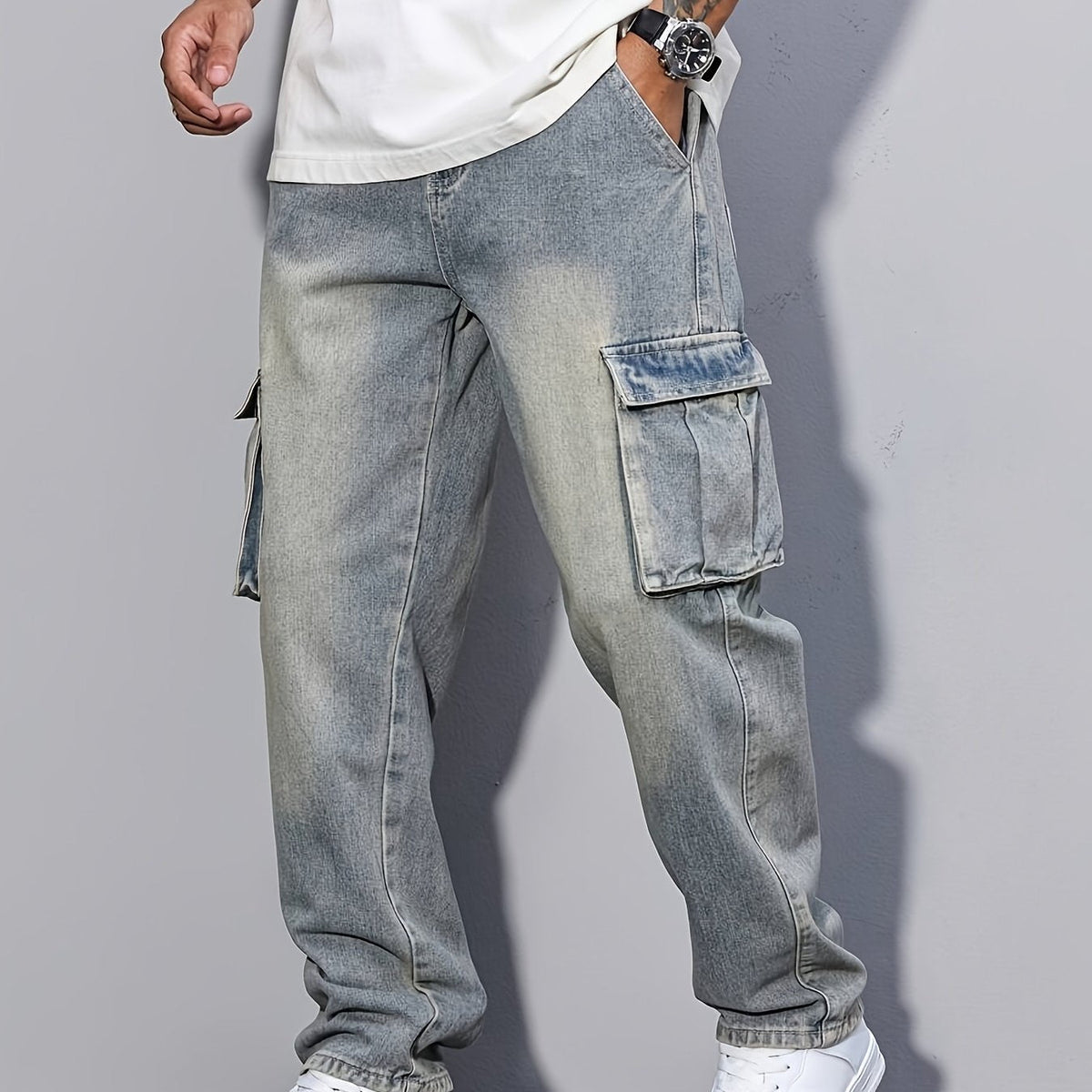 Cargo Jeans Men's Relaxed Fit Multi-Pocket Denim Pants – Casual, Streetwear