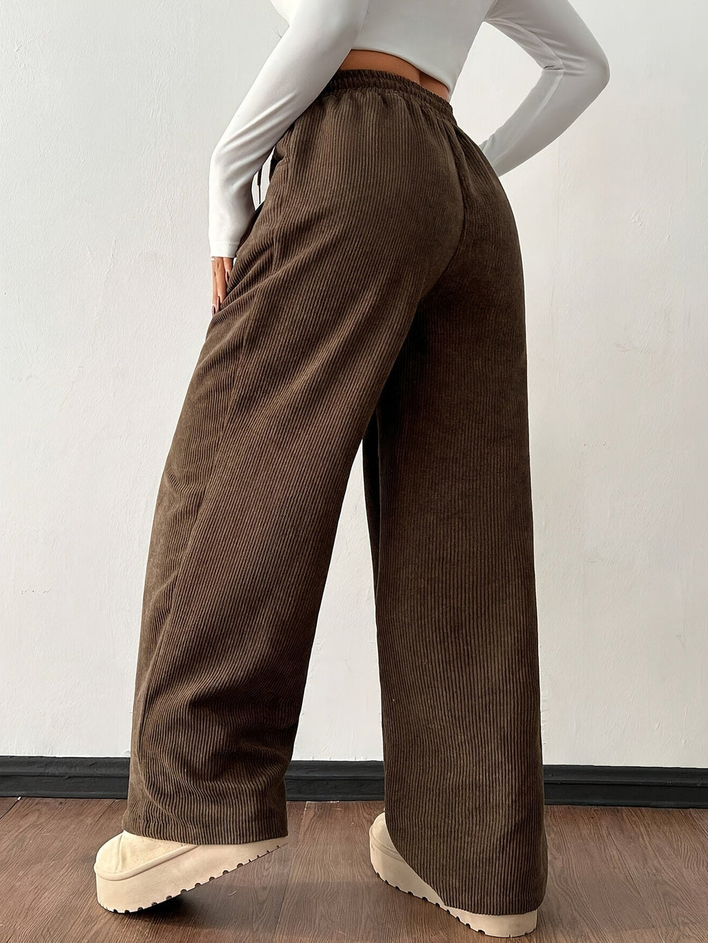 Corduroy Wide-Leg Pants Women's Brown Drawstring Elastic Waist – Casual, Office Wear