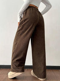 Corduroy Wide-Leg Pants Women's Brown Drawstring Elastic Waist – Casual, Office Wear