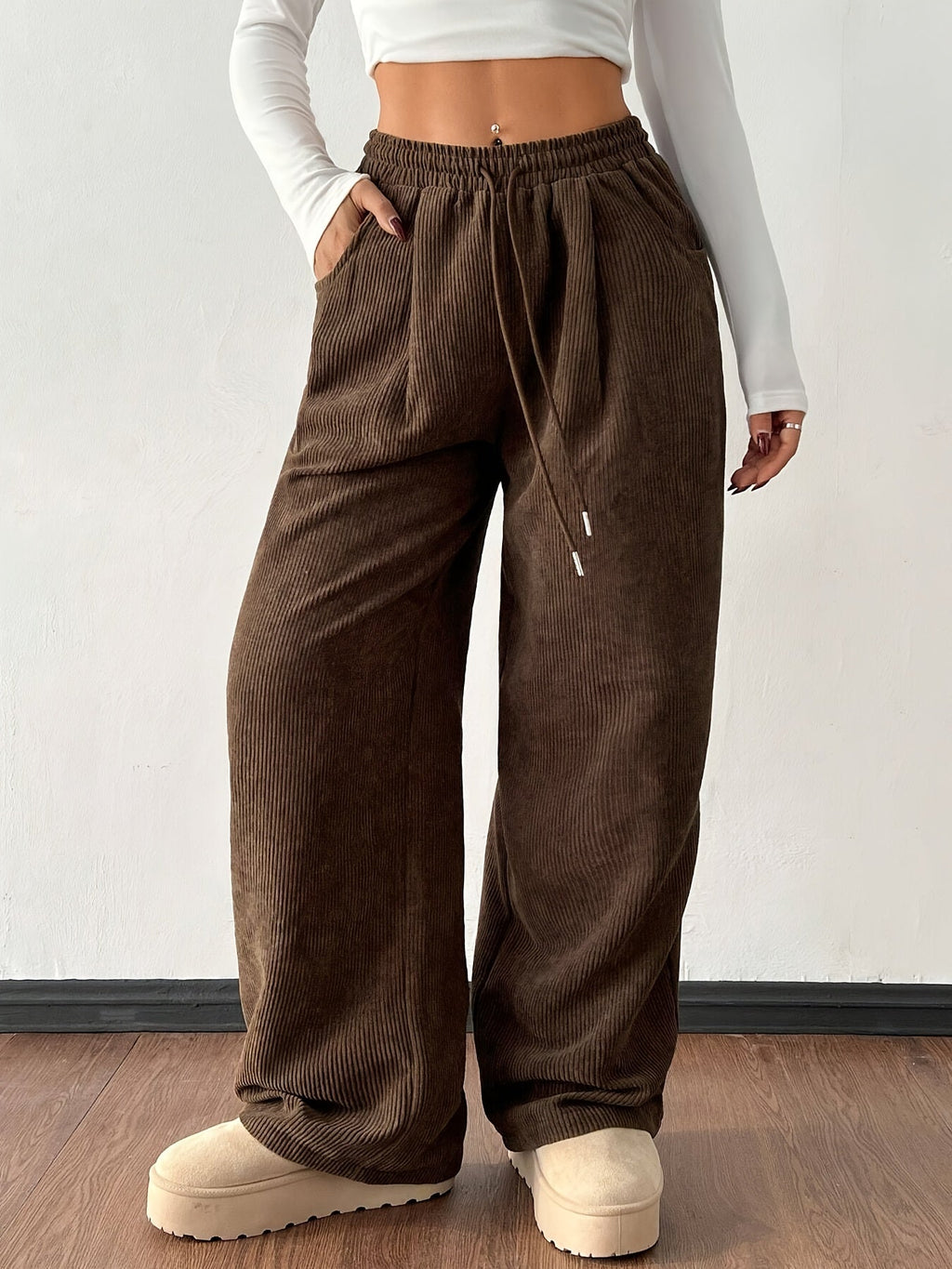Corduroy Wide-Leg Pants Women's Brown Drawstring Elastic Waist – Casual, Office Wear