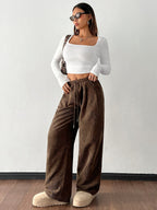 Corduroy Wide-Leg Pants Women's Brown Drawstring Elastic Waist – Casual, Office Wear