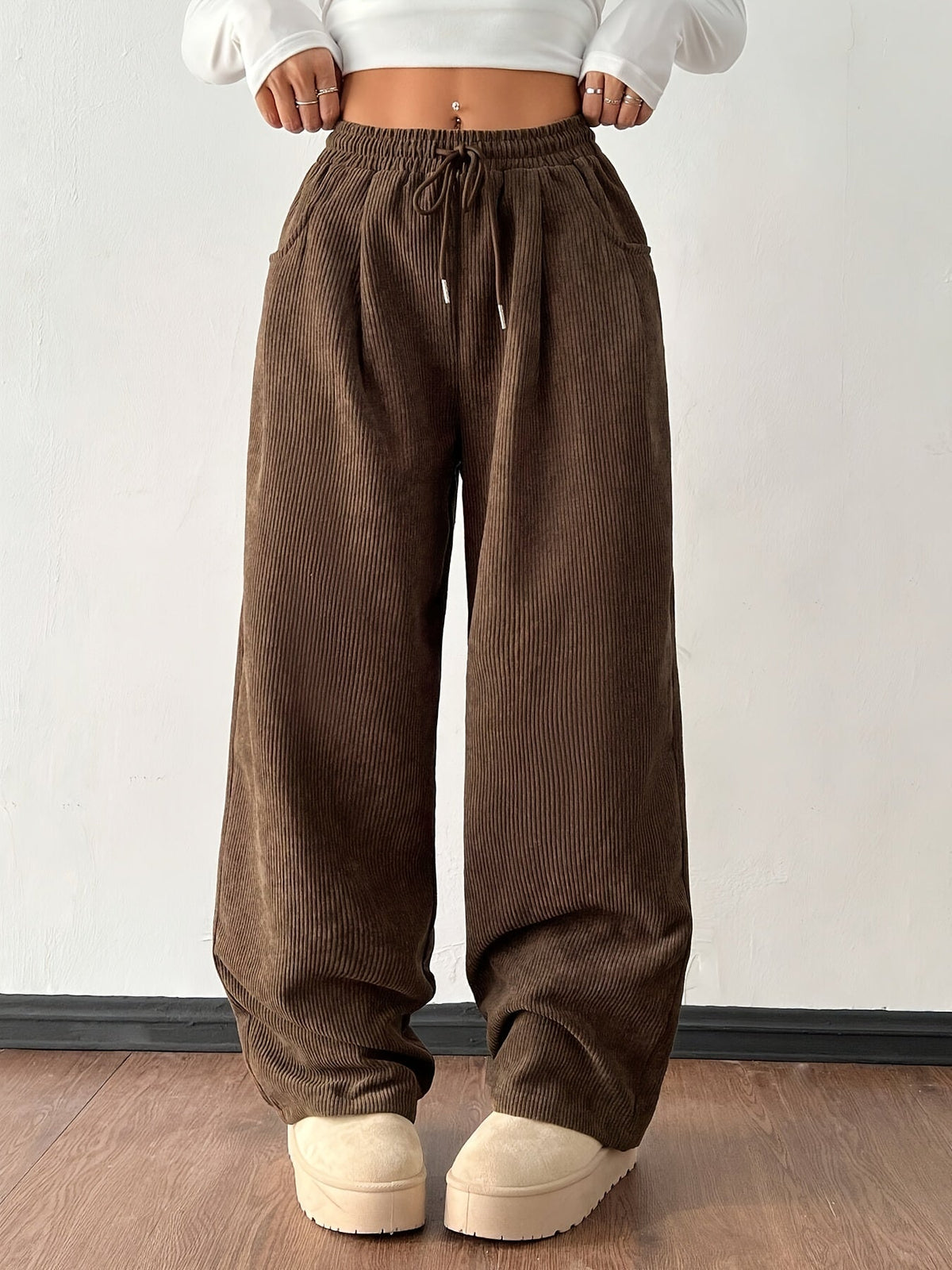 Corduroy Wide-Leg Pants Women's Brown Drawstring Elastic Waist – Casual, Office Wear