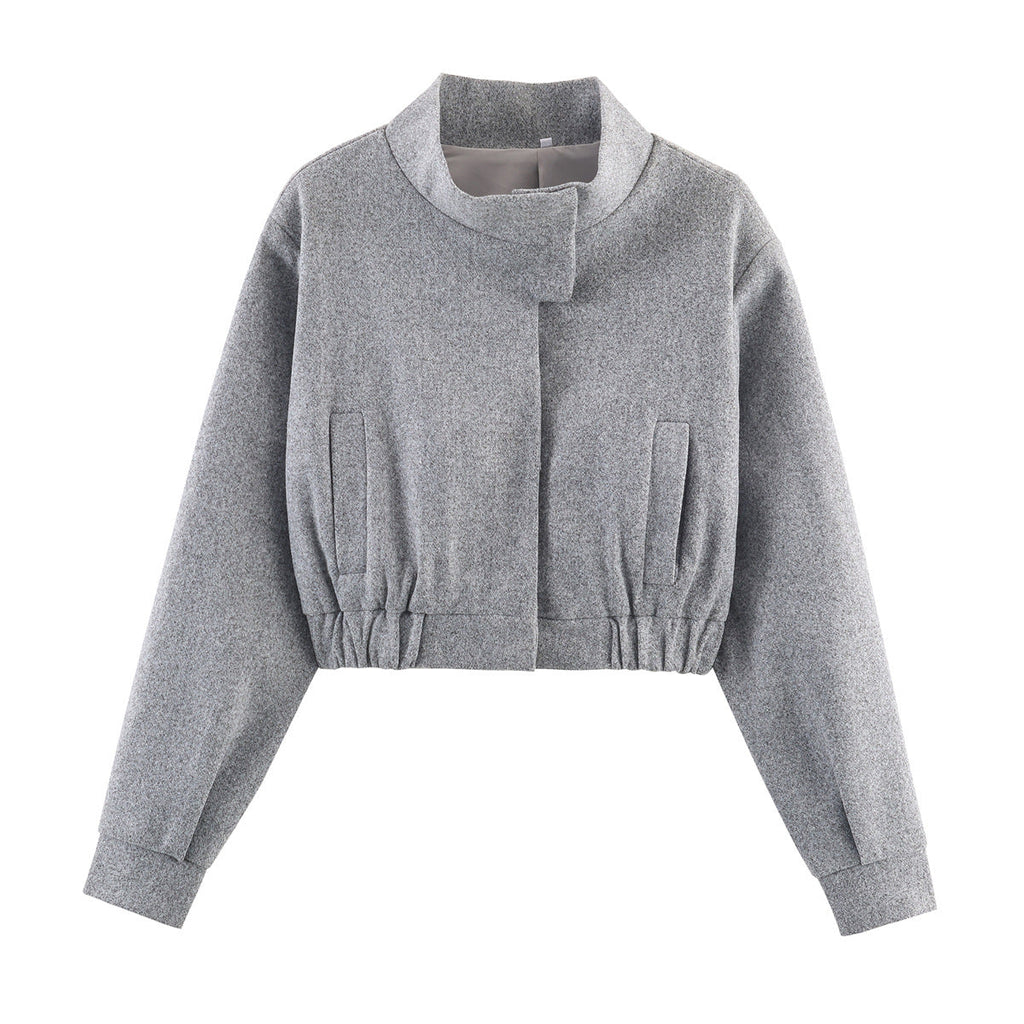 Cropped Bomber Jacket Women's Grey Stand Collar Zip Front – Casual, Office