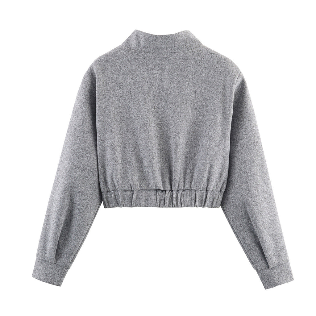 Cropped Bomber Jacket Women's Grey Stand Collar Zip Front – Casual, Office