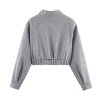 Cropped Bomber Jacket Women's Grey Stand Collar Zip Front – Casual, Office