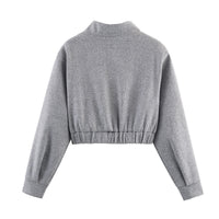 Cropped Bomber Jacket Women's Grey Stand Collar Zip Front – Casual, Office