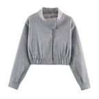Cropped Bomber Jacket Women's Grey Stand Collar Zip Front – Casual, Office