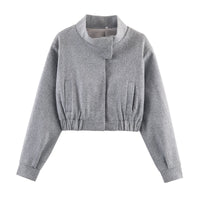 Cropped Bomber Jacket Women's Grey Stand Collar Zip Front – Casual, Office