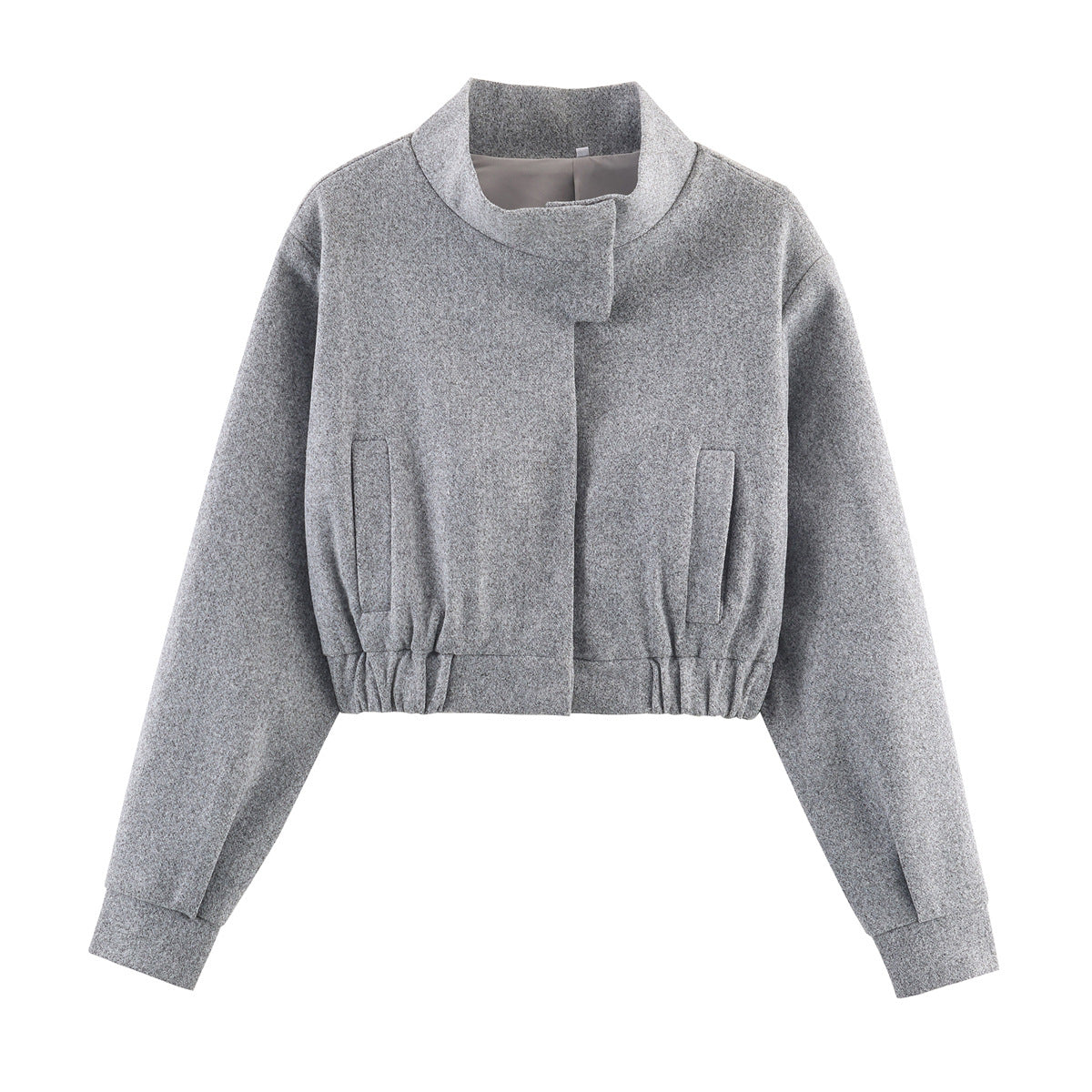 Cropped Bomber Jacket Women's Grey Stand Collar Zip Front – Casual, Office
